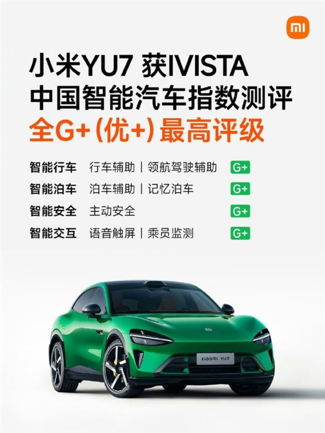 四项全满级！小米YU7刷爆智能汽车指数 主动安全竟然是100分