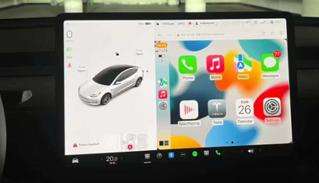 特斯拉加速开发窗口化CarPlay,拟实现原生系统与iPhone应用分屏共存