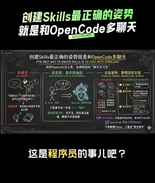 创建Skills最正确的姿势就是和OpenCode多聊天，我还创建了20个练习创建Skills各种场景的例子，有研发的、产品的、财务的、人事和行政的。获取方法我放评论区了 #skills #opencode #轻松学Skills