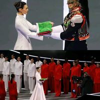真养眼！米兰冬奥会开幕式上，由超级模特们走着秀把国旗交给升旗手，是意大利风格