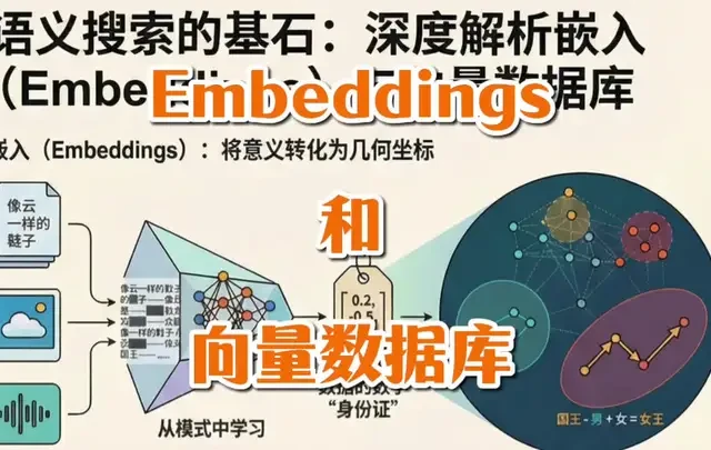 Embeddings和向量数据库 嵌入将数据转化为捕捉语义的多维向量，使计算机能通过数学距离理解概念关联。向量数据库利用HNSW等索引算法实现高效的相似性搜索，避免暴力计算。两者结合支撑了语义检索、RAG及推荐系统，将抽象意义转化为可在大规模数据中检索的几何坐标。
#大模型 #embedding #rag #向量数据库