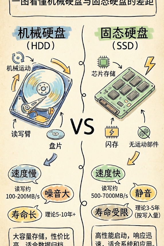 看了这张对比图，才知道机械硬盘与固态硬盘的差距有多大！