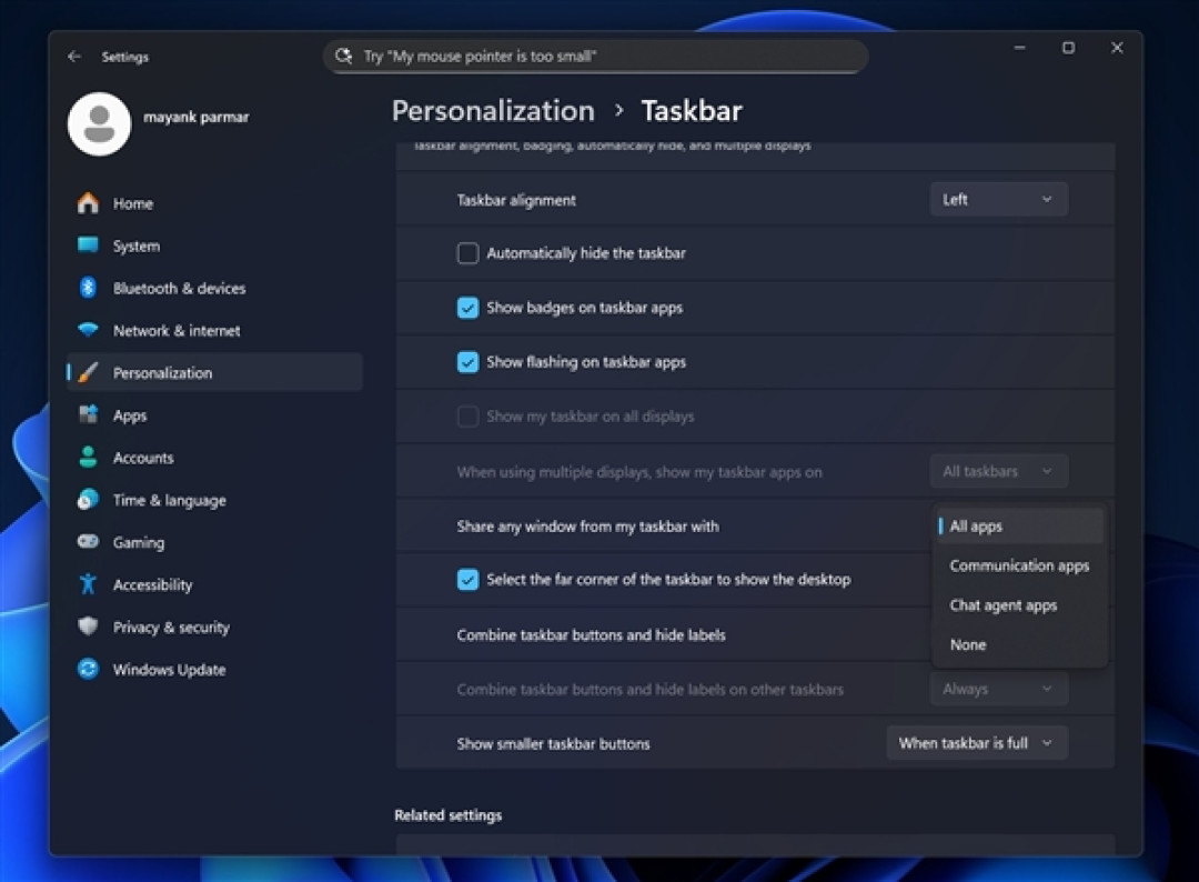 微软测试Windows 11任务栏新功能:可直接向AI助手共享窗口