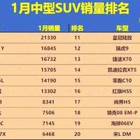 太难了！1月中型SUV销量排行榜，探岳第3，汉兰达第8，锐界27