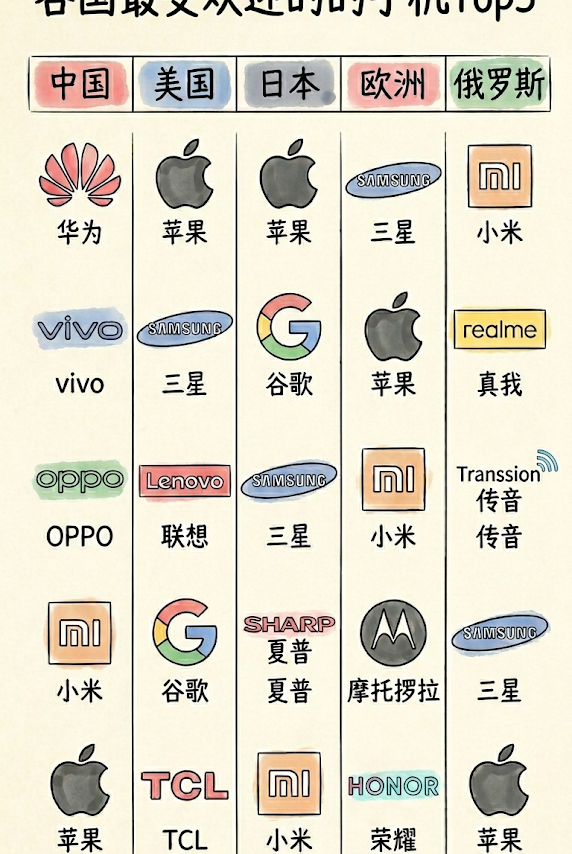 一直以为苹果最火，结果一看各国热门手机，才发现真不一样。