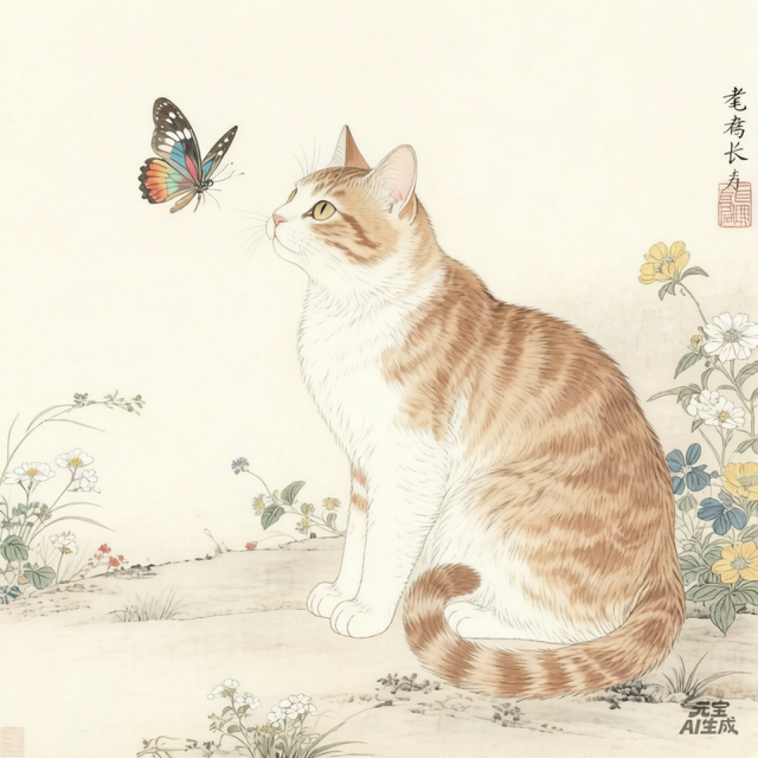 AI工笔画,主题为耄耋长寿 描绘一只优雅的猫咪与翩跹的蝴蝶互动