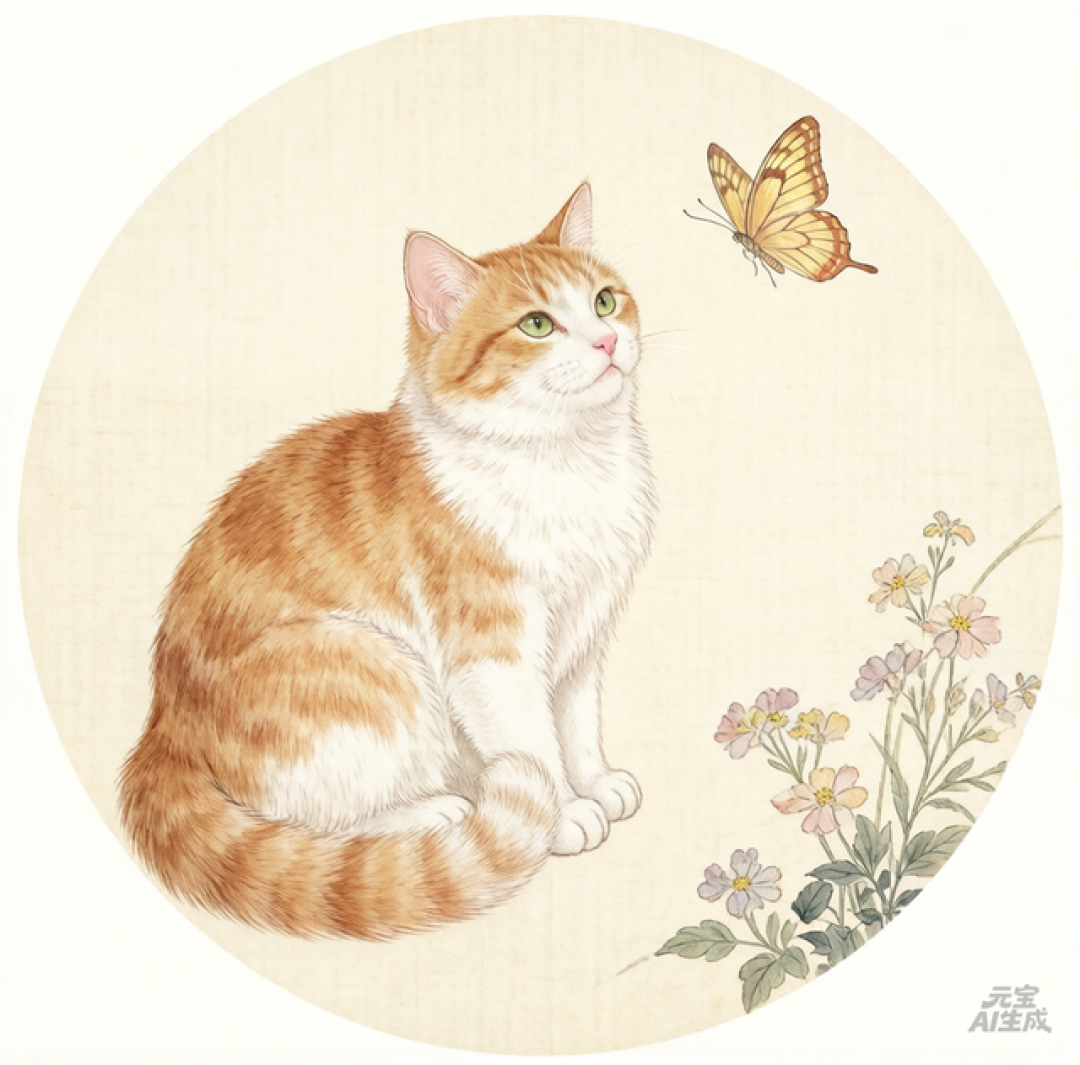 AI工笔画,主题为耄耋长寿 描绘一只优雅的猫咪与翩跹的蝴蝶互动