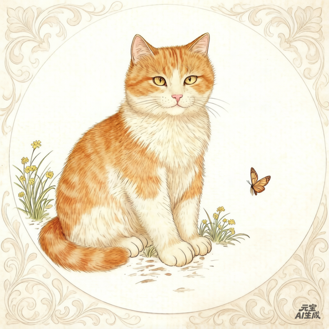 AI工笔画,主题为耄耋长寿 描绘一只优雅的猫咪与翩跹的蝴蝶互动
