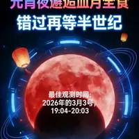 2026年3月3日元宵夜上演月全食，堪称46年一遇。上一次元宵节与月全食重合是2007年，下一次要到2072年。此次月全食我国境内可见，全食阶段在19：04-20：02，可赏“红月亮”，是全家共赏的天文盛宴。#血月天文奇观 #天文奇观科普#月亮科普#宇宙探索#宇宙奥秘