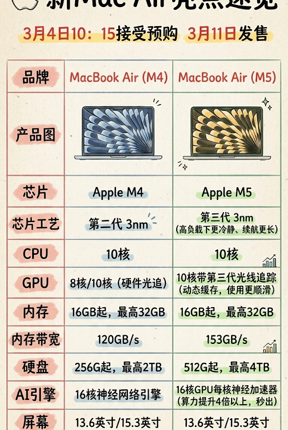看了MacBook Air M5版与M4版的参数对比，我发现这次不是常规升级