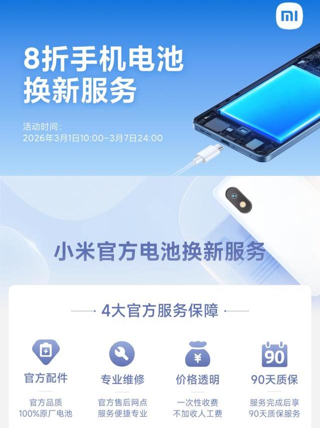 年后首次！小米47元换电池来了，支持这26款手机

小米新一轮的售后服务折扣活动上线，官方称之为「3 月服务周」，这也是 2026 年后首次的服务活动。服务项目包括 8 折手机电池换新和笔记本电脑 5
