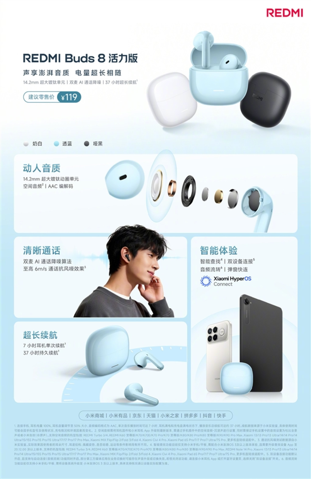 119元 REDMI Buds 8活力版开售:37小时续航 双麦AI通话降噪