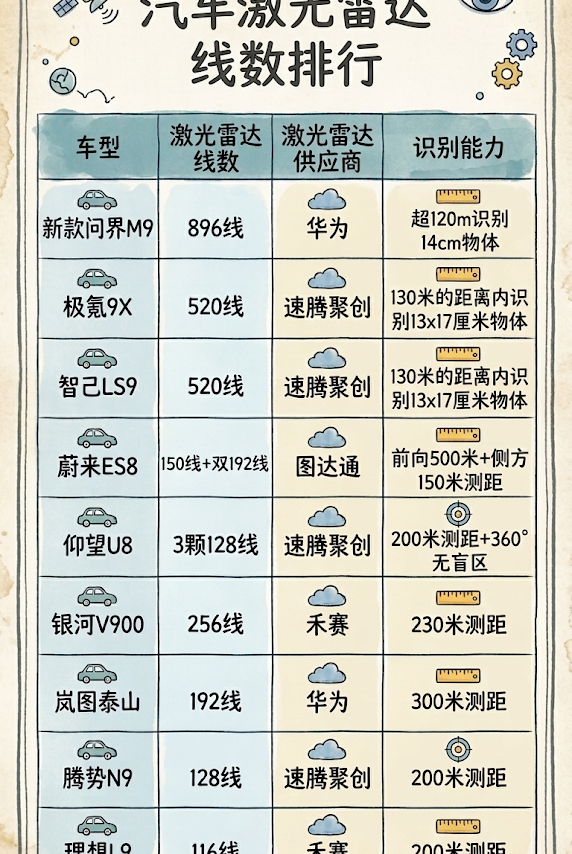 看了这张激光雷达线数排行，才发现智驾之间亦有差距！