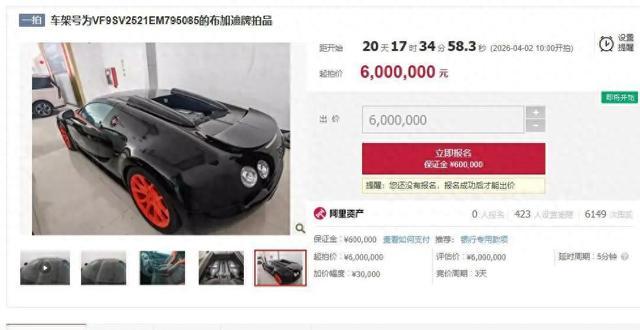 法院600万元拍卖一辆布加迪威航跑车，强调无法上牌、不得上路；该款新车价格超4000万，全球仅8台