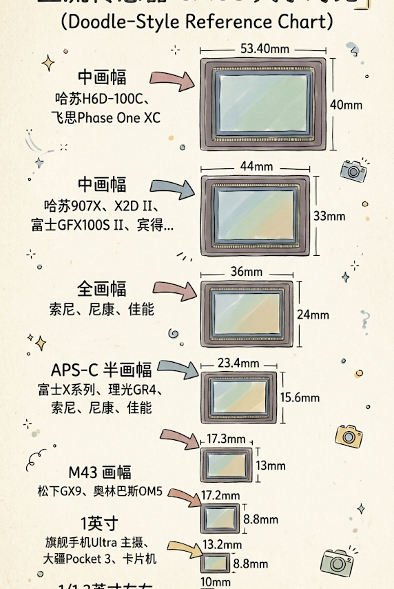 一图看懂主流传感器CMOS大小对比，才发现手机相机的差距如此之大
