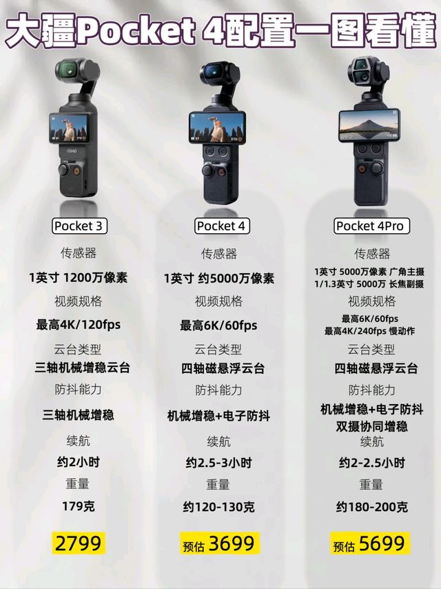 大疆Pocket 4最新配置曝光，两个版本齐发，给我看花眼了。