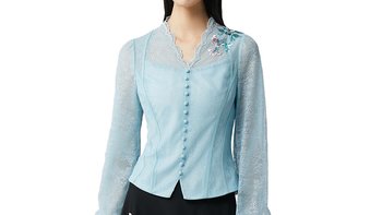 SUSSI/古色夏商场同款蓝色V领刺绣灯笼袖收腰上衣女