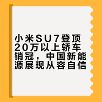小米SU7登顶20万以上轿车销冠，中国新能源展现从容自信