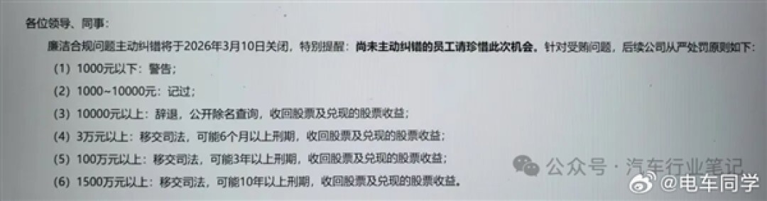 曝某新势力车企整顿贪腐:设1个月纠错期 主动上交受贿的既往不咎