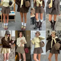 黄色与棕系｜西装+短裙穿搭