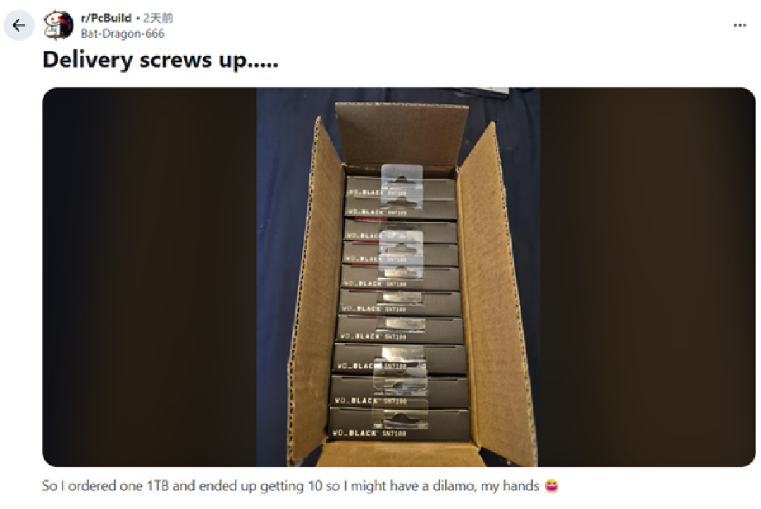 玩家网购一块1TB SSD竟收到10块 网友支招:退一块留自用 剩下全卖掉