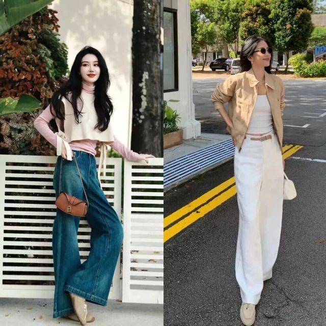 平底鞋配阔腿裤显矮？错，9分微喇+方头浅口才是158-172cm的安全牌