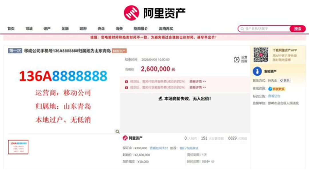 尾号8888888手机靓号流拍：起拍价260万元 套餐月租18元