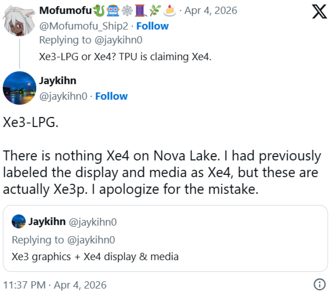 Intel下代CPU Nova Lake没有Xe4核显：还是Xe3、Xe3P