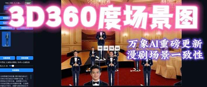 3D360度VR场景图搞定场景一致性和人物位置关系（万象AI重磅更新制作漫剧场景一致性难题解决）