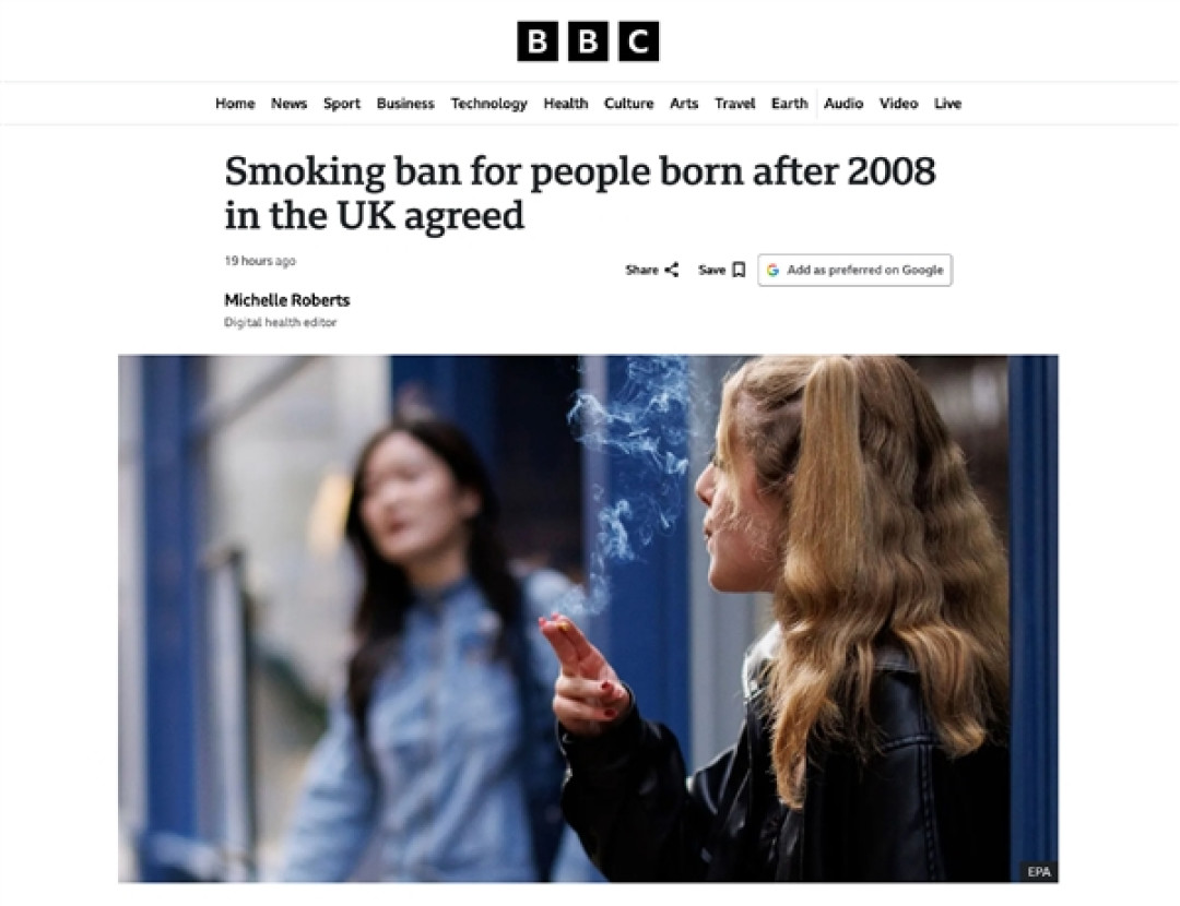 英国通过法案:2008年后出生者终身禁止购烟