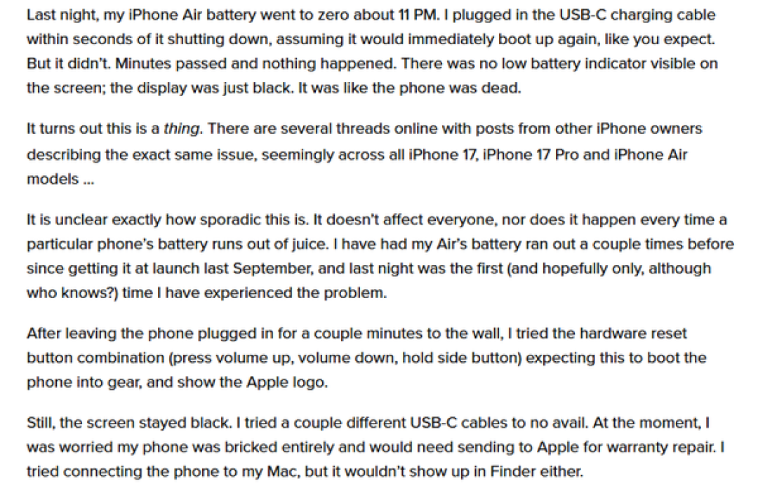 苹果用户请注意!新款iPhone电量耗尽后可能无法开机 多款机型受影响