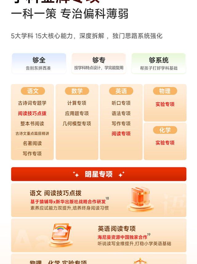 语文、数学、英语全科同步提升指南：一机搞定现代家庭最需要的就是语数英三科同步提升的学习机,一台机器补齐所有主科薄弱,让孩子均衡发展、全面提分。全科提升学习机必须具备三科完整辅导体系、精准诊断、专项突破