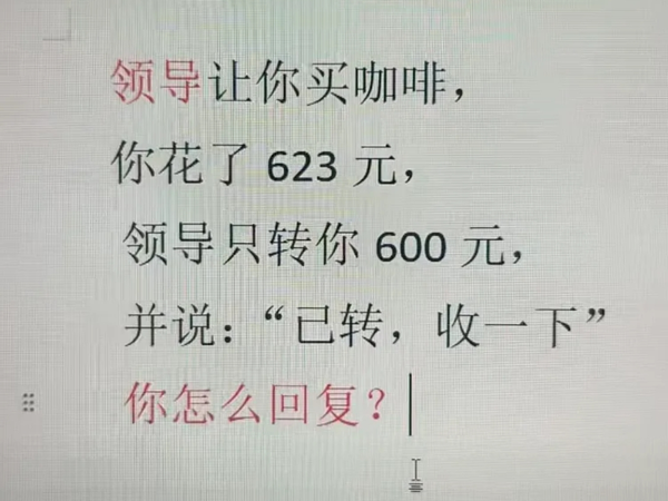 假如你领导让你买咖啡，你花了623元，领导只转你600元，并说：