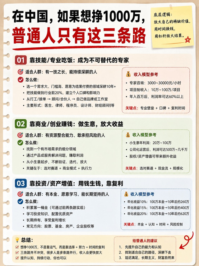 在中国，如果想挣1000万，普通人只有这三条路