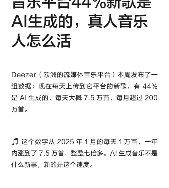 音乐平台44%新歌是AI生成的，真人音乐人怎
