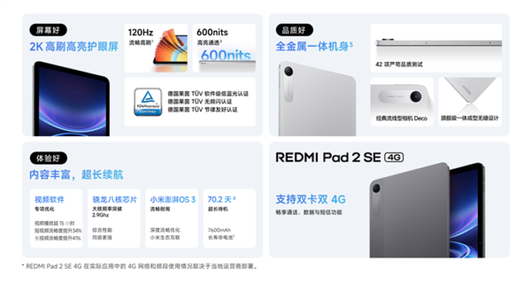 1299元!REDMI Pad 2 SE 4G版明日开售:双卡双待 随时上网/通话