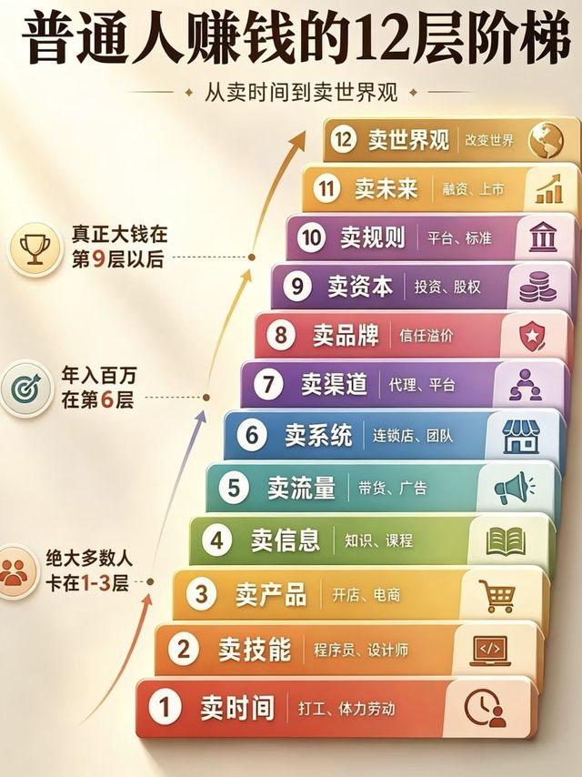 普通人赚钱的12层阶梯｜越往上越轻松，你在哪一层？