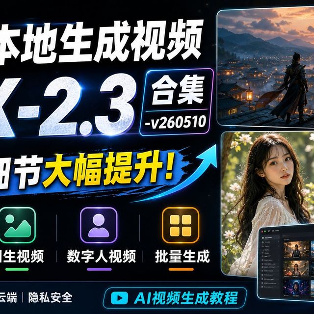 最强本地生成视频，LTX-2.3合集-v260510，视频细节大幅提升！文生视频 | 图生视频 | 数字人视频 | 批量生成，优化显存占用！