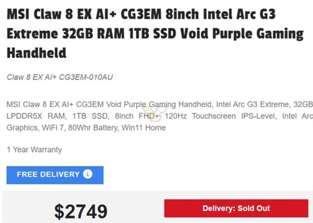 Intel锐炫G3 Extreme掌机再现身！微星Claw 8 EX AI+上架：要价超13000元