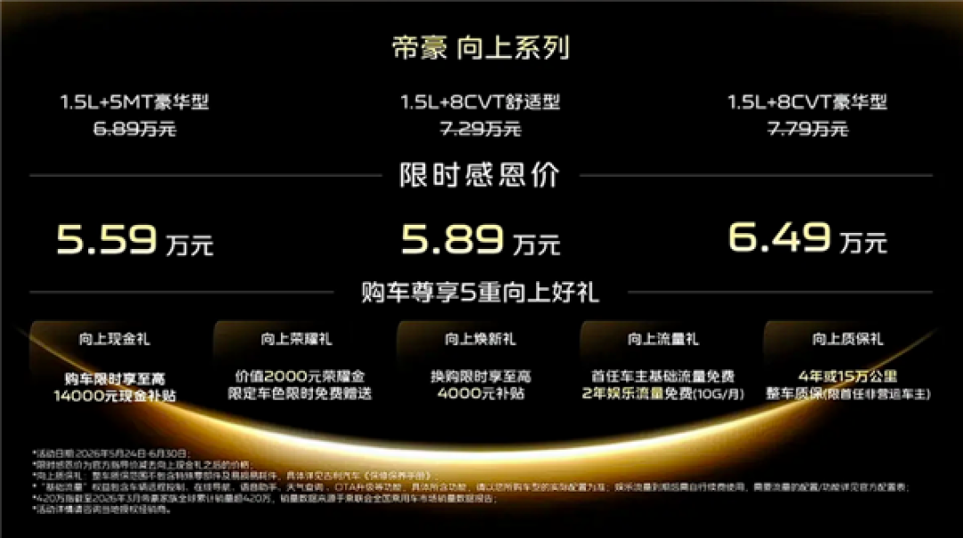 人生第一辆!吉利帝豪向上系列上市:限时感恩价5.59万起