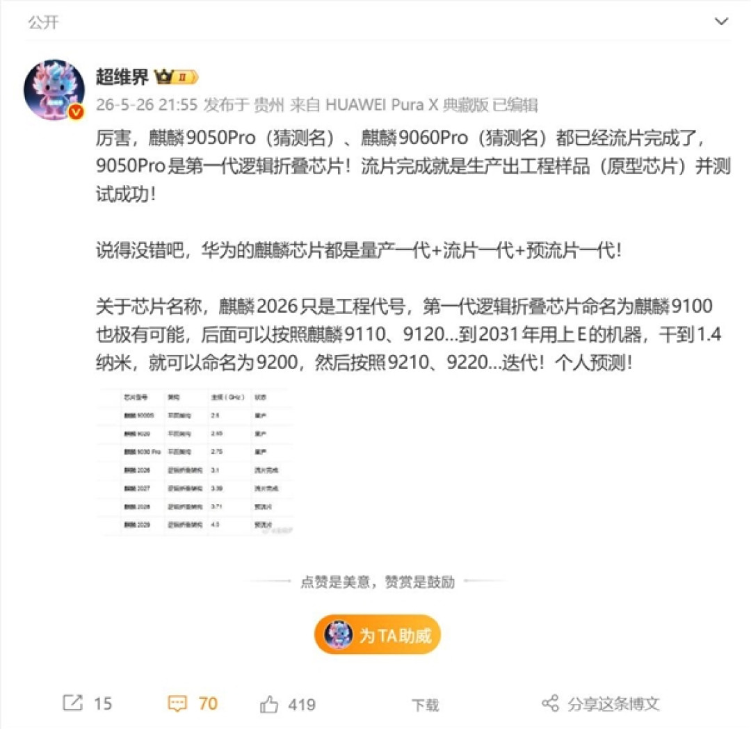 麒麟9050 Pro流片完成！华为Mate 90首发：史上最强Mate稳了