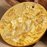 足金999牡丹花圆牌吊坠