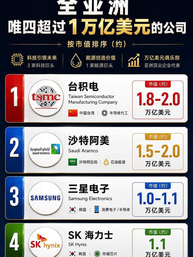 全亚洲唯四超过一万亿美元的公司！！！