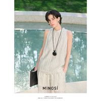 MINGSI珠光肌理条纹挂脖小衫，夏日透气百搭神上衣