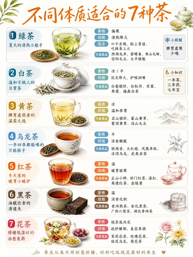 一张图看懂7种茶✅按体质喝茶不踩坑