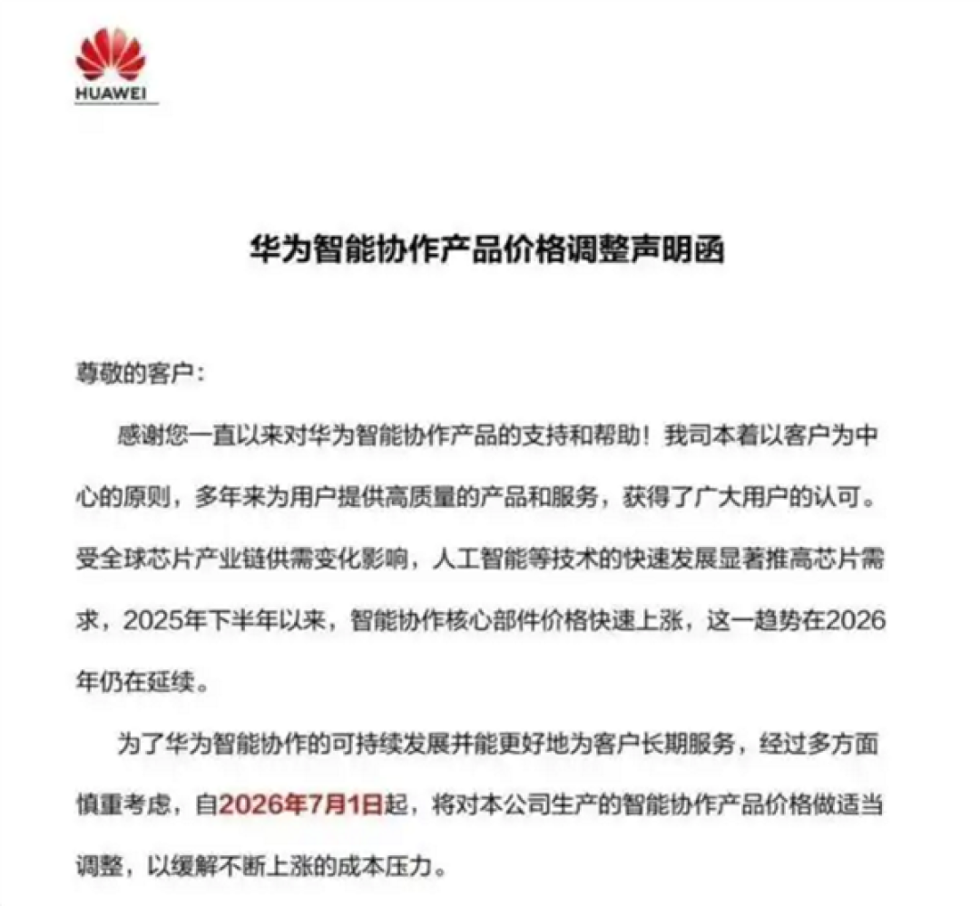 想买抓紧!华为向合作客户发函:7月1日起智能协作全系列产品统一上调终端售价