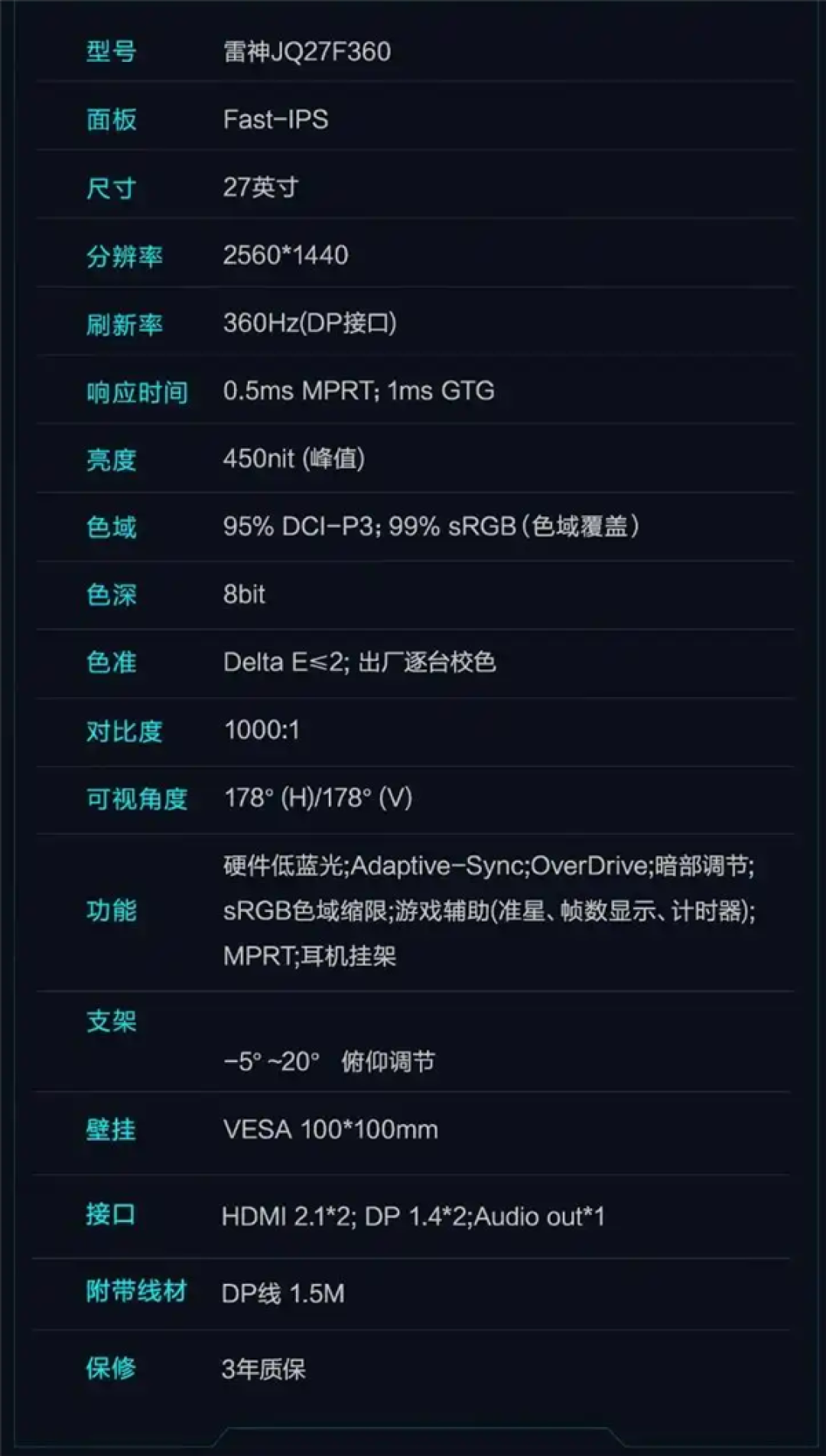 雷神推电竞显示器JQ27F360:2K 360Hz 售价1599元