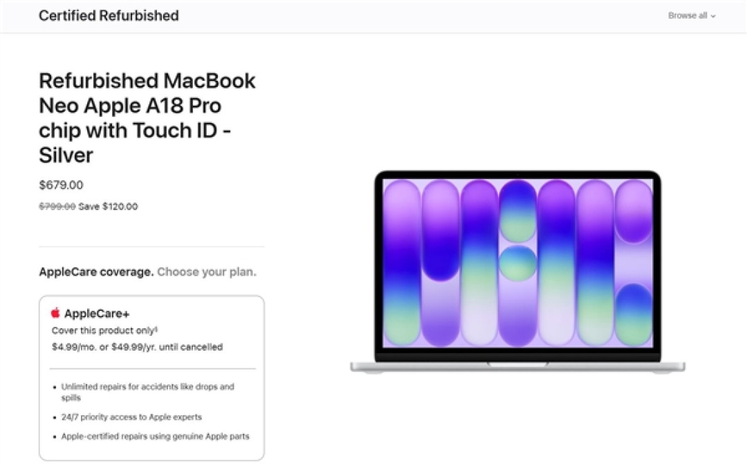 新机涨价官翻补位！MacBook Neo官翻版上架：679美元 苹果最便宜笔记本