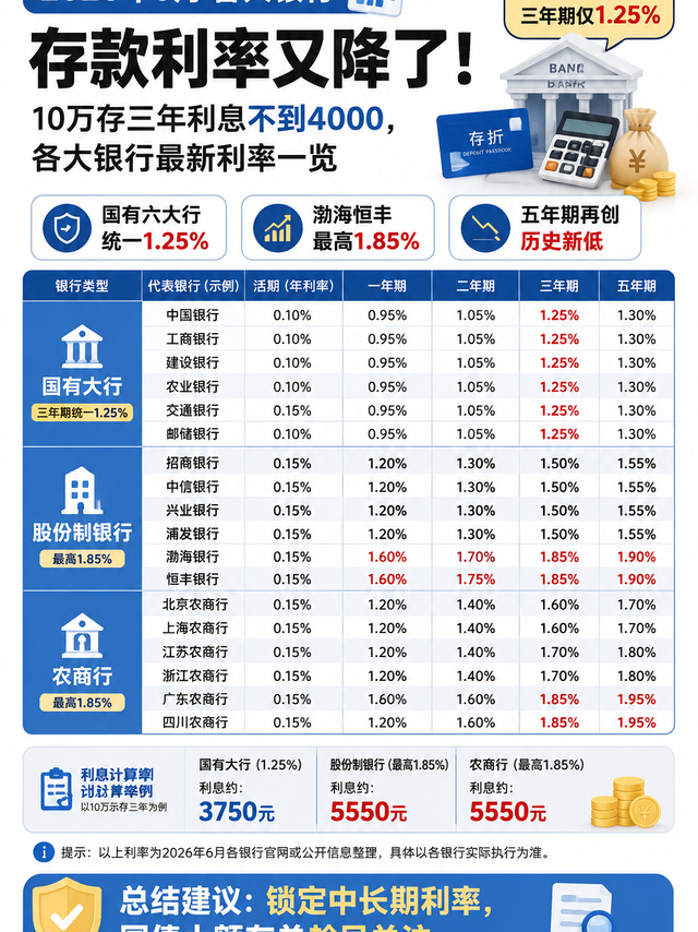 存款利率又降了！2026年6月各大银行最新利率一览，10万存三年利息不到4000