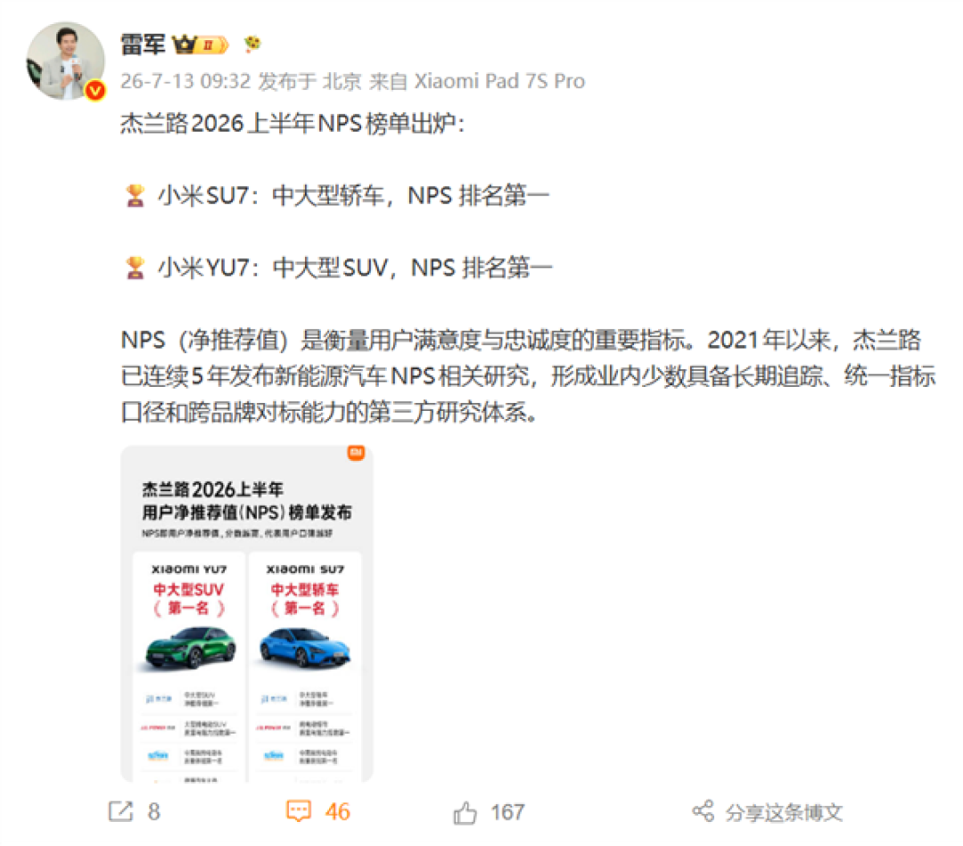 雷军官宣:新一代SU7 销量冠军